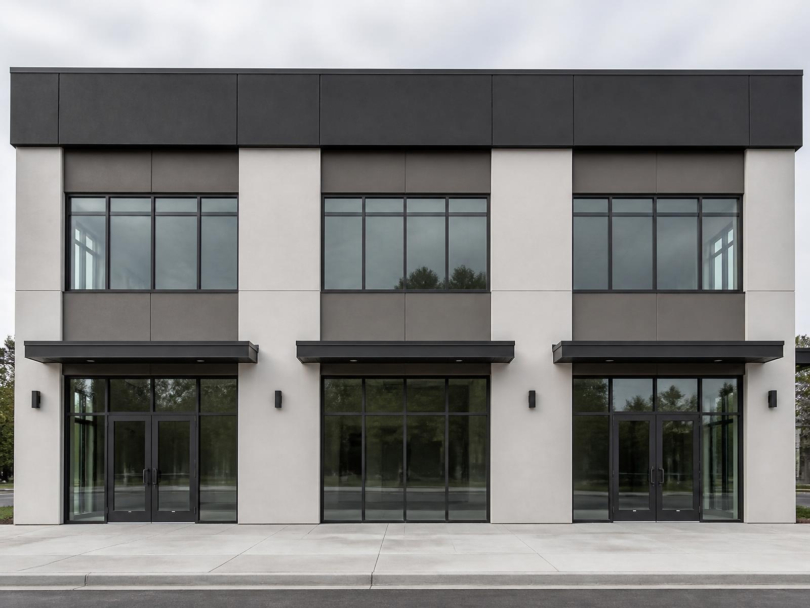 Storefront exterior of a two-story commercial building with stucco walls and dark window frames, ready for exterior painting